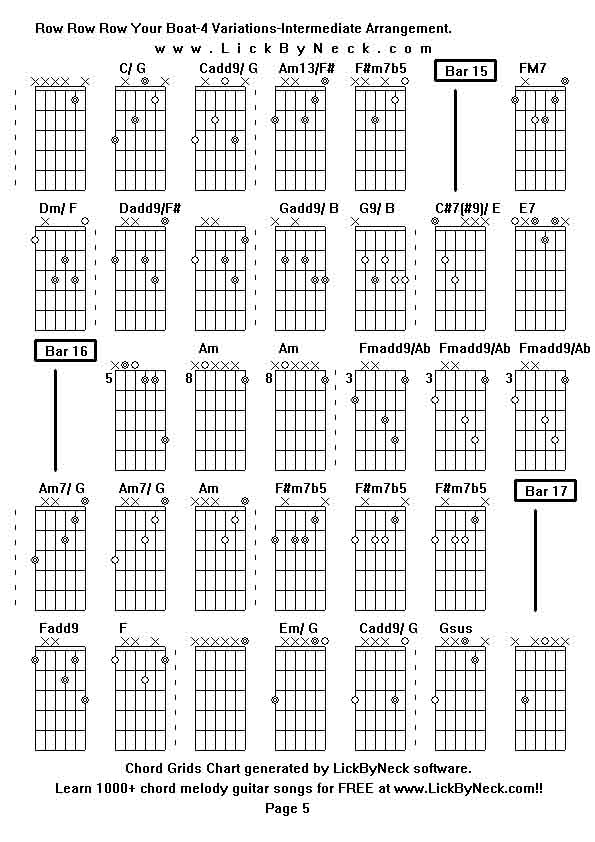 Chord Grids Chart of chord melody fingerstyle guitar song-Row Row Row Your Boat-4 Variations-Intermediate Arrangement,generated by LickByNeck software.